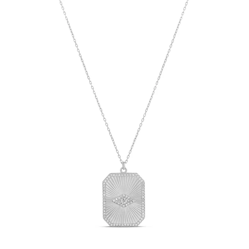 Shymi Fluted Rectangular Evil Eye Necklace — .925 Sterling Silver, 14K Gold-Plated - Rhodium Plated, Cubic Zirconia Pavé Detailing, Adjustable Chain 1
