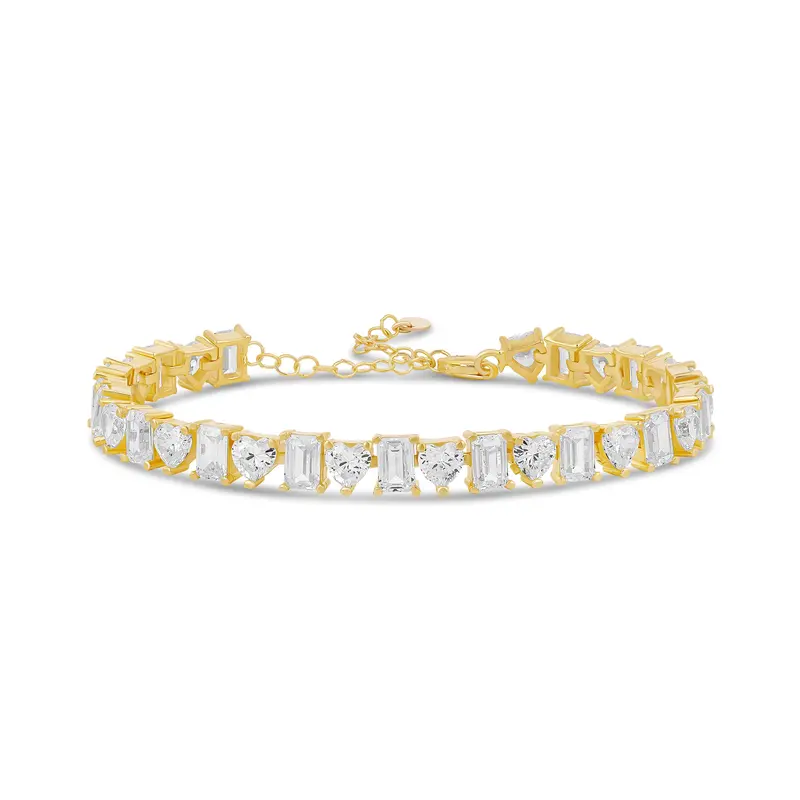Shymi Heart And Emerald Shape Tennis Bracelet — .925 Sterling Silver, 14K Gold-Plated, Rhodium Plated, Cubic Zirconia, Size 6" With 2" Extender, Day To Night 1