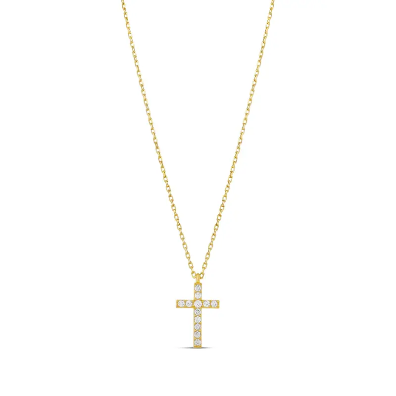 Shymi Mini Pavé Cross Pendant Necklace — .925 Sterling Silver, 14K Gold-Plated, Cubic Zirconia Pavé Detailing, Adjustable Chain (16″–18″), Day To Night 1