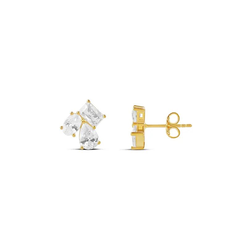 Shymi Multi Shape 3 Stone Stud Earrings — .925 Sterling Silver, 14K Gold-Plated, Cubic Zirconia Detailing, Day To Night 1
