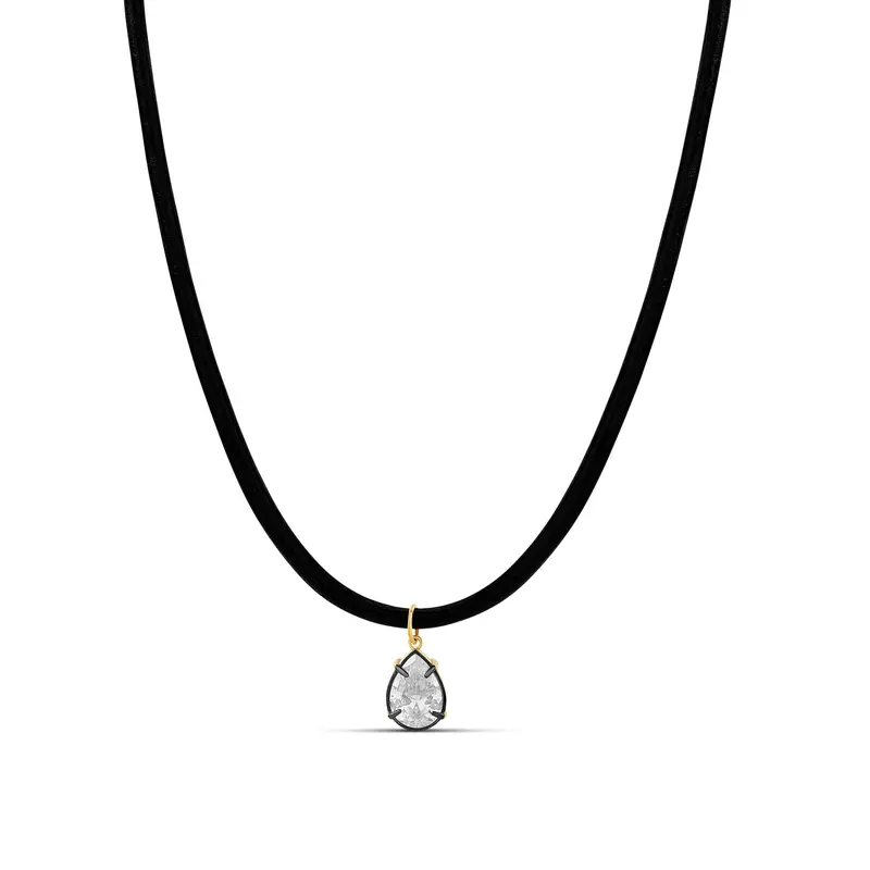 Shymi Pear Shape Stone Necklace — .925 Sterling Silver, 14K Gold-Plated, Cubic Zirconia Detailing, Black Rubber Cord, Adjustable Length (16″–18″), Day To Night 1