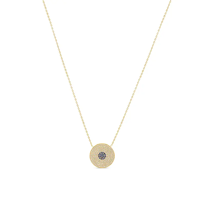 Shymi Round Pavé Evil Eye Necklace — .925 Sterling Silver, 14K Gold-Plated, Cubic Zirconia Pavé Detailing, Adjustable Chain (16″–18″), Day To Night 1