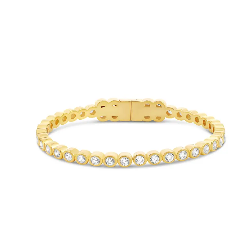 Shymi Round Stone Bezel Set Open Bangle Bracelet — .925 Sterling Silver, 14K Gold-Plated, Rhodium Plated, Cubic Zirconia Detailing, Easy On /Off, Day To Night 1
