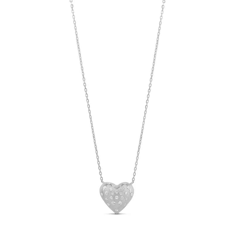 Shymi Scattered Stone Puffy Heart Necklace — .925 Sterling Silver, 14K Gold-Plated - Rhodium Plated, Cubic Zirconia Pavé Detailing, Adjustable Chain 1
