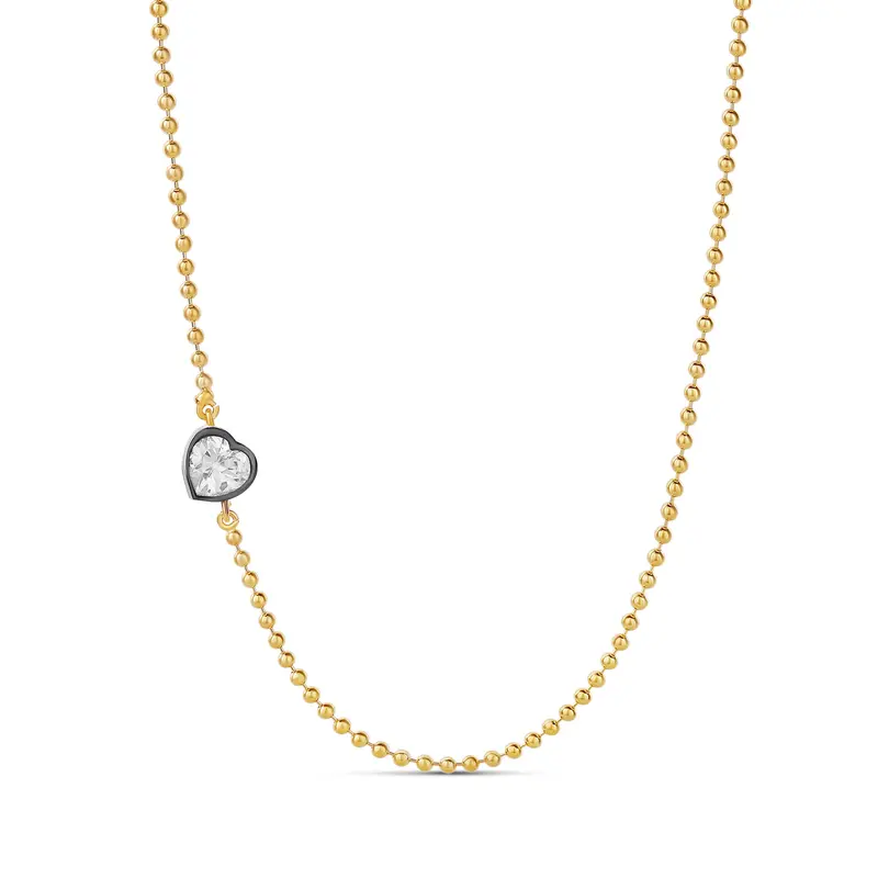 Shymi Side Heart Shape Necklace — .925 Sterling Silver, 14K Gold-Plated, Cubic Zirconia Detailing, Beaded Ball Chain, Adjustable Length (16″–18″), Day To Night 1
