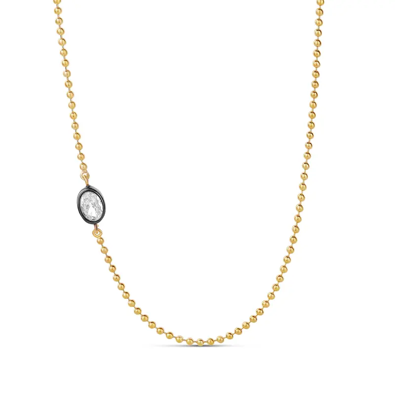 Shymi Side Oval Shape Necklace — .925 Sterling Silver, 14K Gold-Plated, Cubic Zirconia Detailing, Beaded Ball Chain, Adjustable Length (16″–18″), Day To Night 1