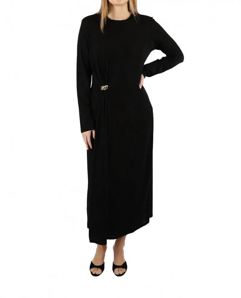 Side Draped Long Sleeve Dress In Black 1
