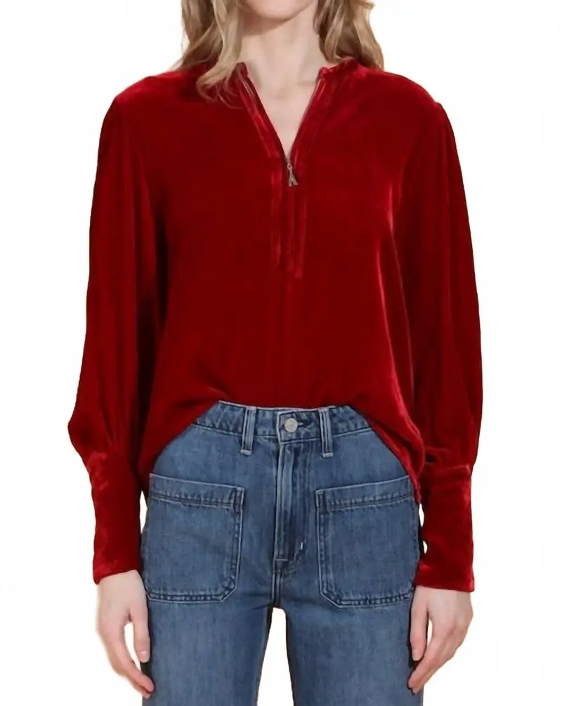 Silk Velvet Zip Front Blouse In Red 1