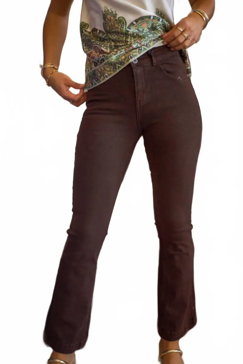 Skinny Flared Jeans With Double Button Detail In Brown 1