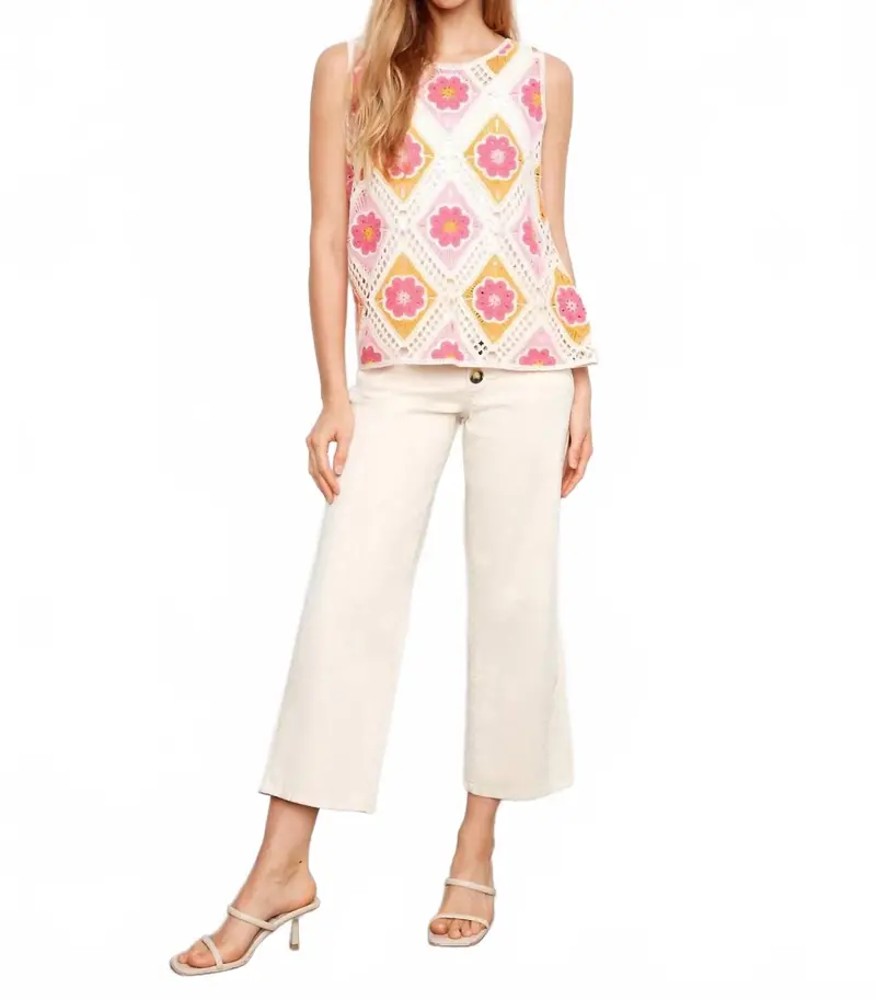Sleeveless Crochet Cotton Blend Top In Floral 1