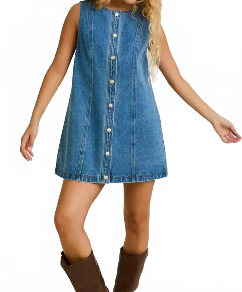 Sleeveless Round Neck Denim Mini Dress In Blue 1
