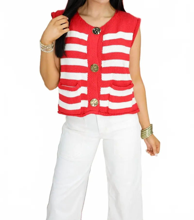 Sleeveless Striped Button Down Knit Sweater Vest In Red 1