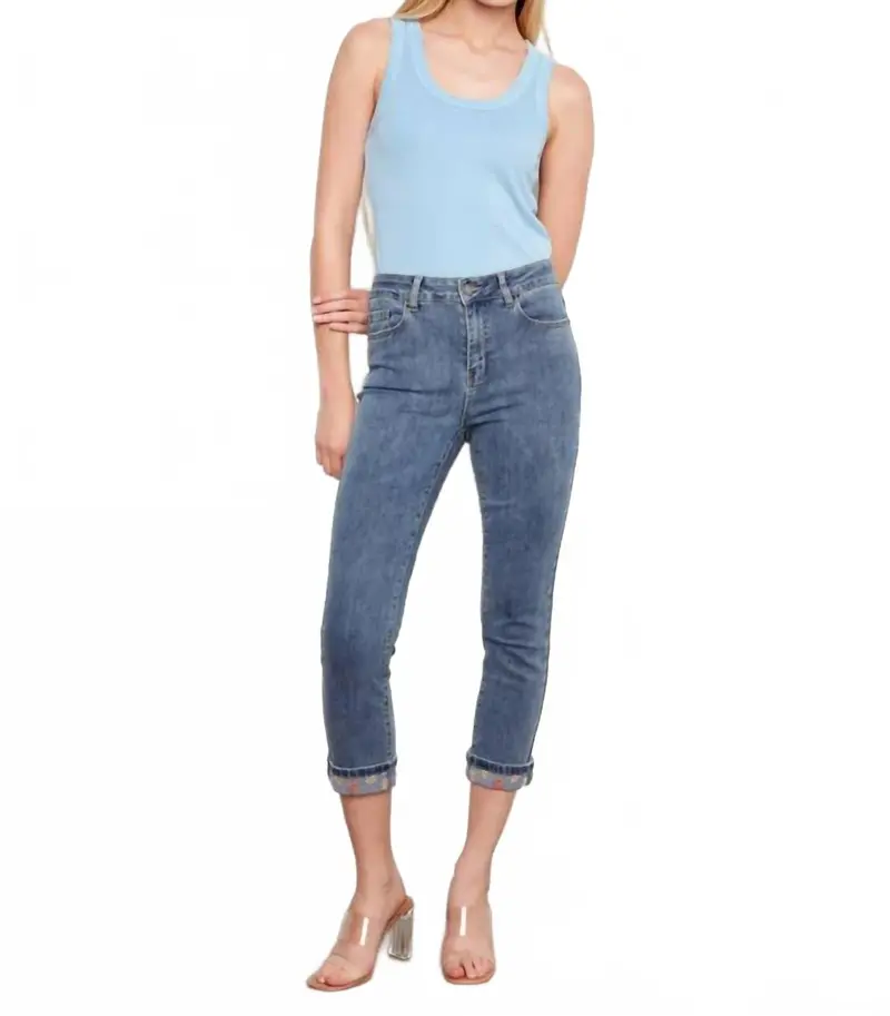 Slim Leg Jeans With Rolled Embrodered Cuff In Medium Blue 1