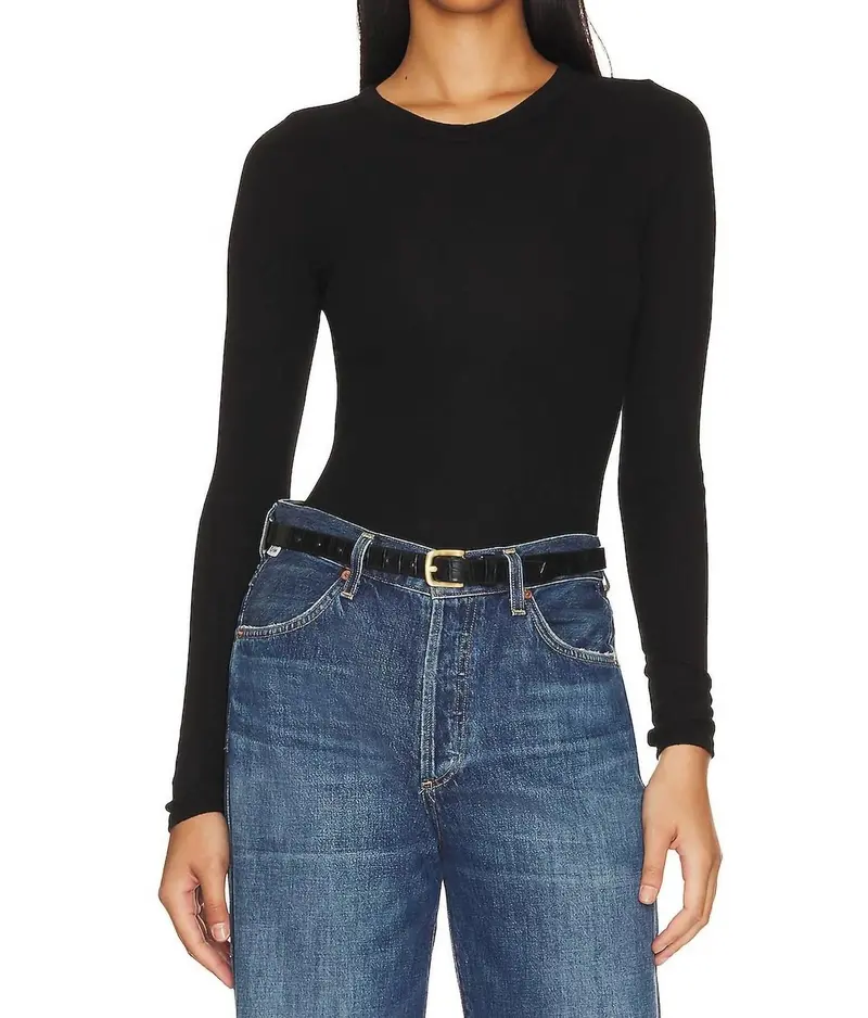 Slit Neck Long Sleeve Crew Top In Black 1