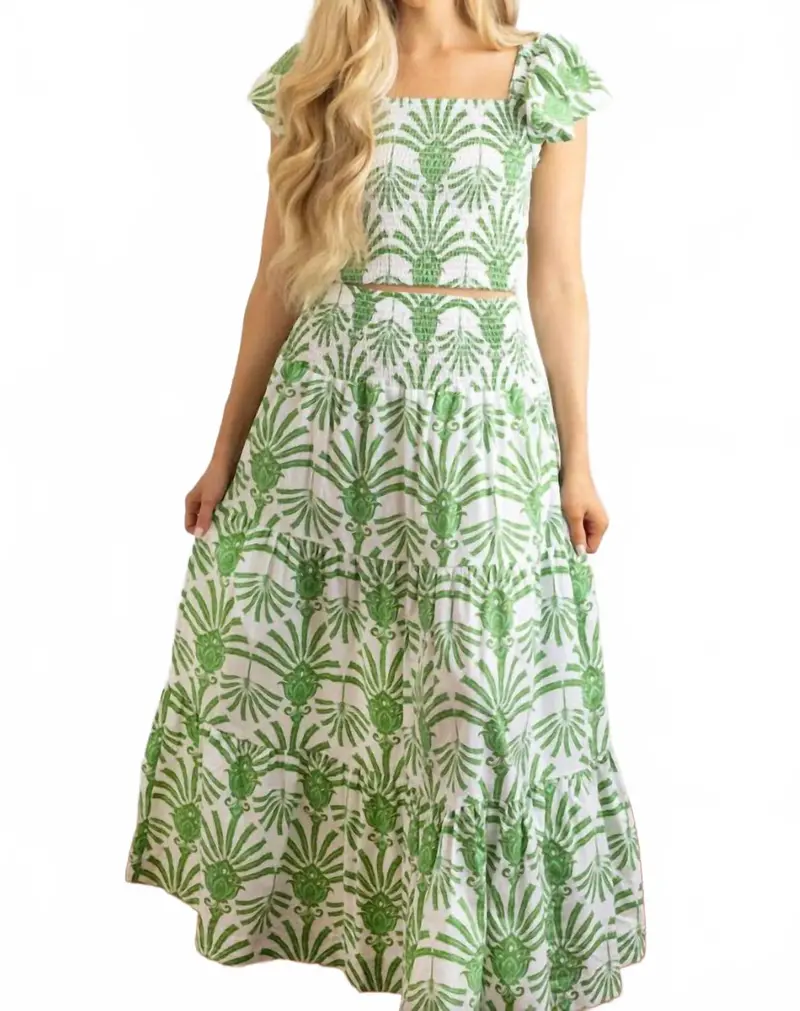 Smocked Flutter Sleeve Top And Skirt Set In Green Deco Palm 1