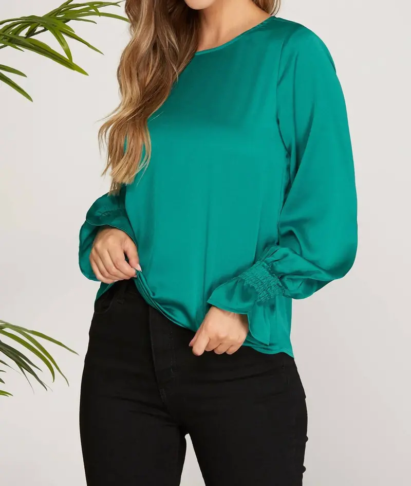 Smocked Long Bubble Sleeve Satin Top In Peacock 1