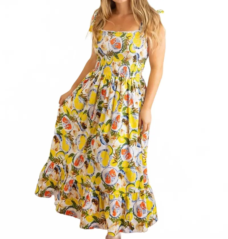 Smocked Tie Top Maxi Dress In Lemon Santorini 1