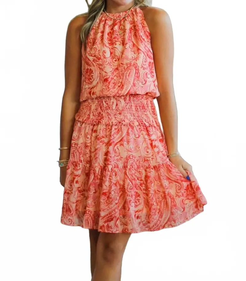 Smocked Waist Dress In Red Paisley 1