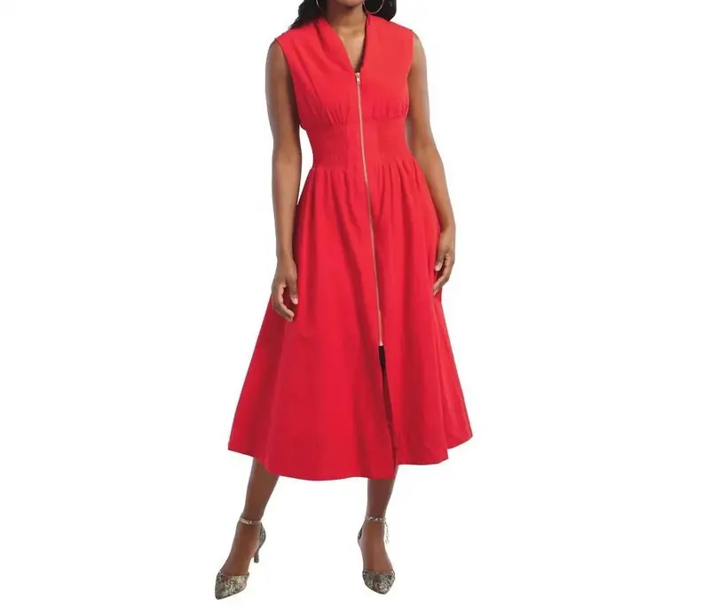 Smocked Waist Midi Dress In Red 1
