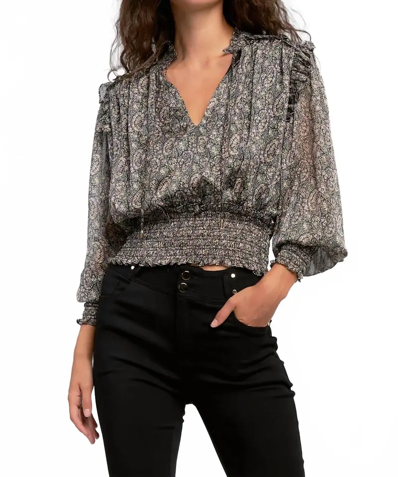 Smocked Waste Top In Black Paisley 1