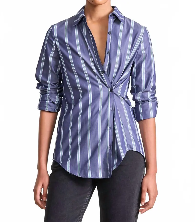 Sodi Wrap Button Up Top In Indigo Stripe 1