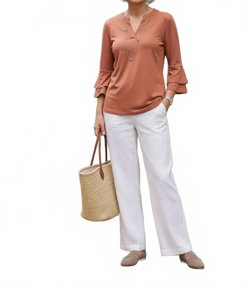 Solid Color Tiered Bell Sleeve Top In Caramel 1