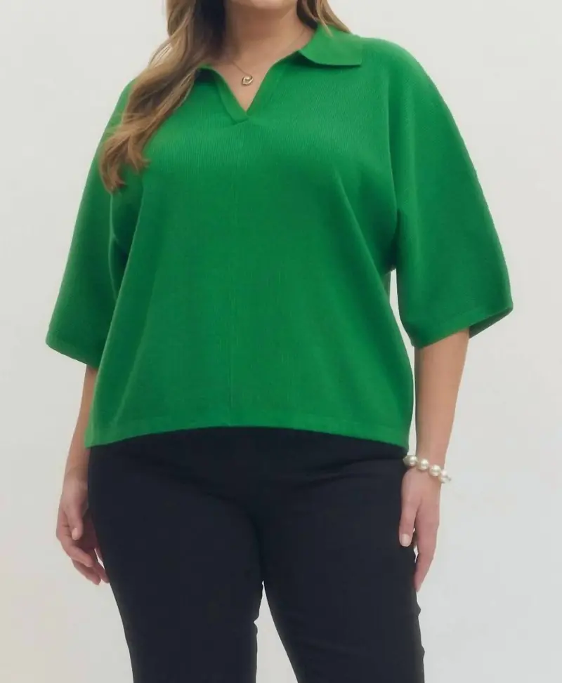 Solid V-Neck Collared Top In Green 1
