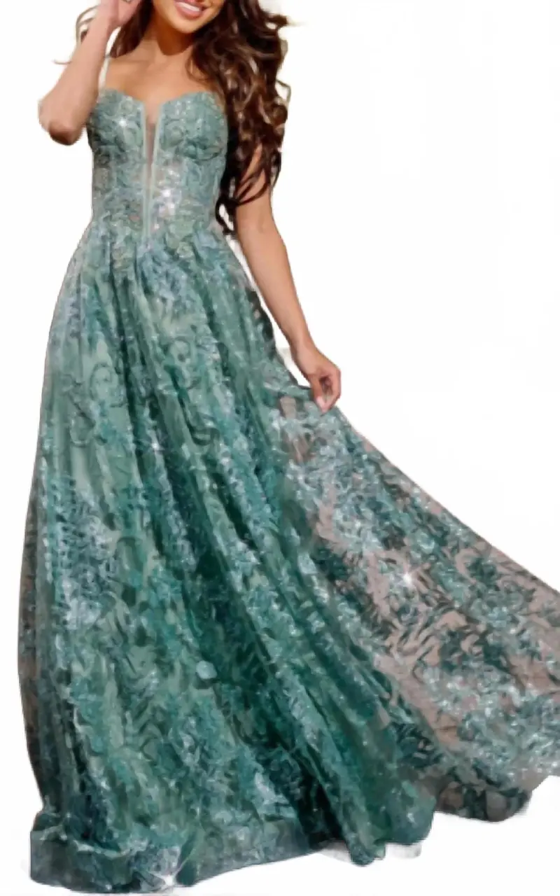 Spaghetti Strap A-Line Gown With Embellished Bodice In Sage 1