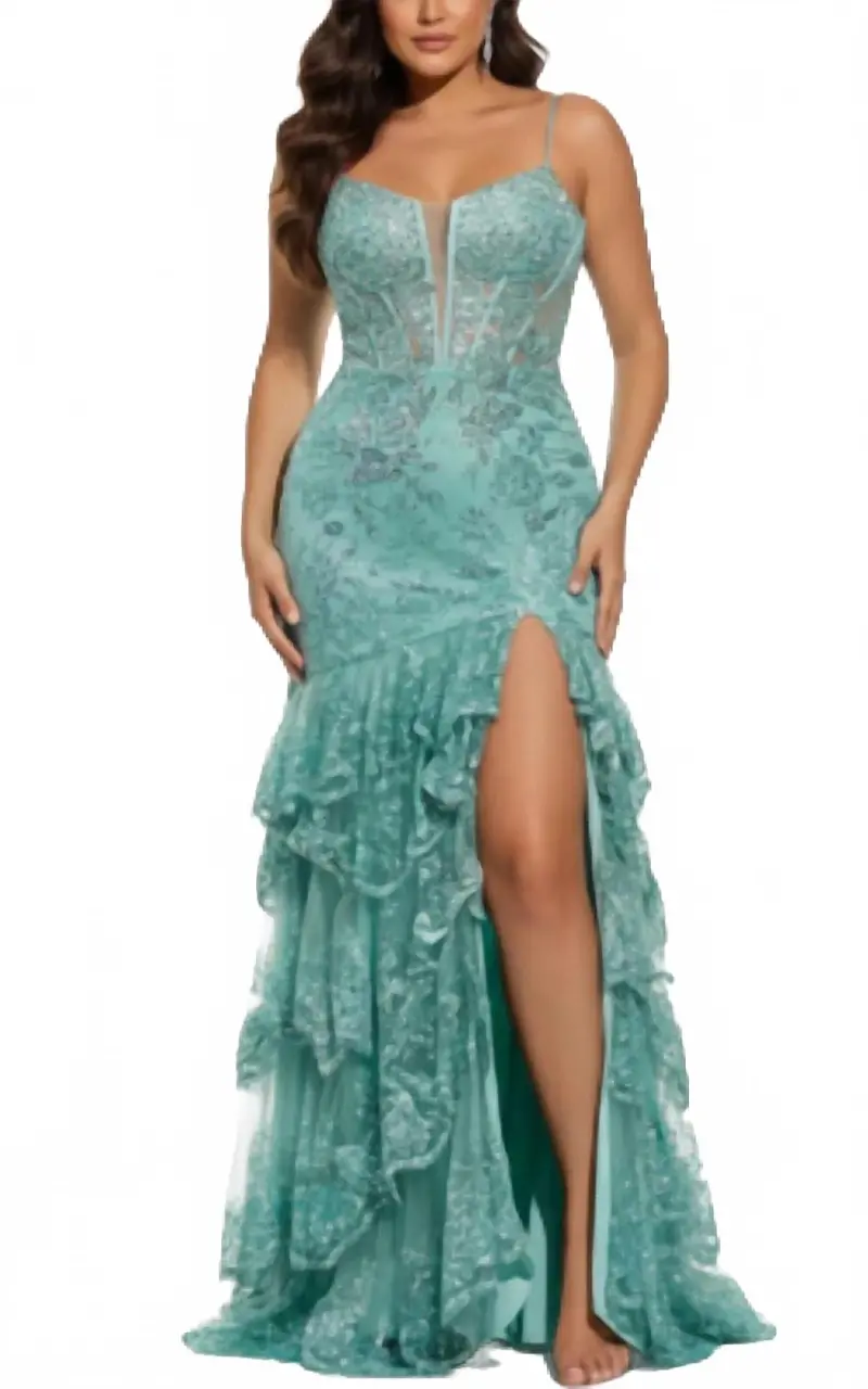 Spaghetti Strap Gown With Beaded Bodice And High Slit In Sage 1