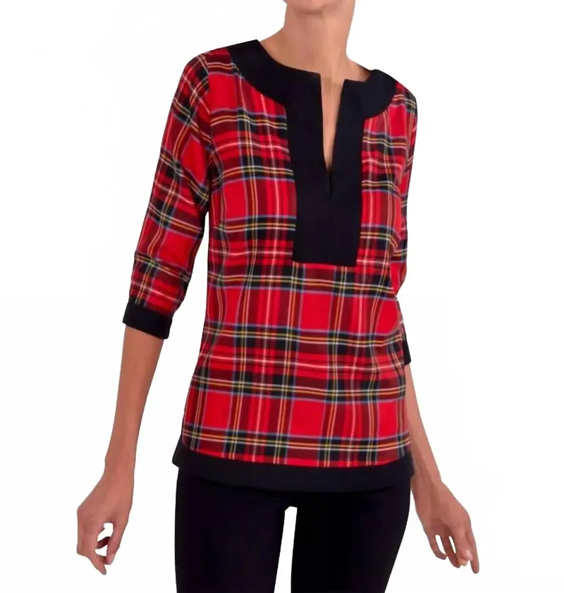 Split Neck Tunic Top In Red Multi 1
