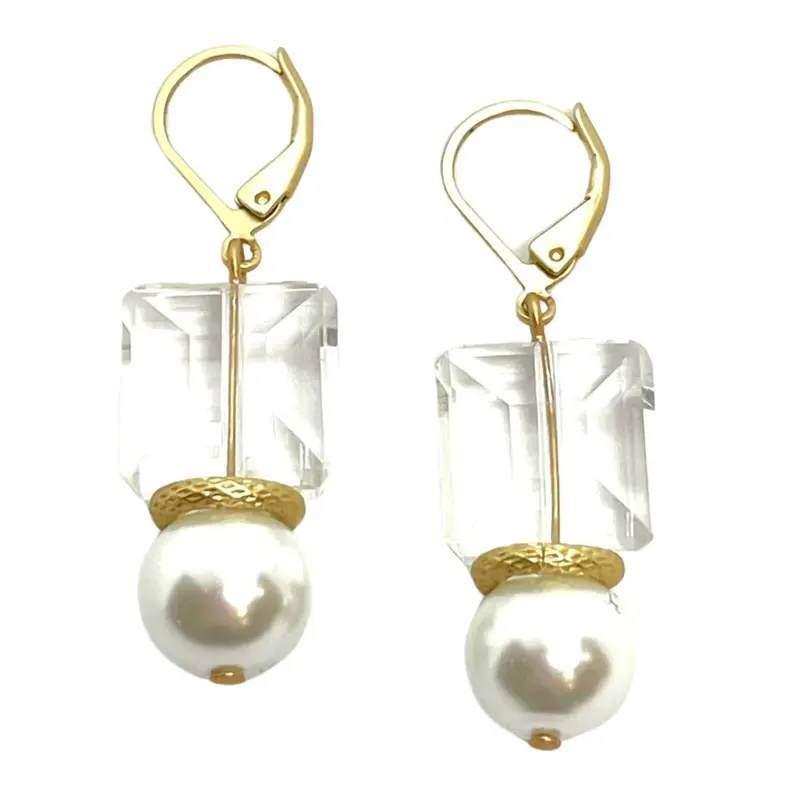 Square Crystal And Pearl Earring In White/Matte Gold 1