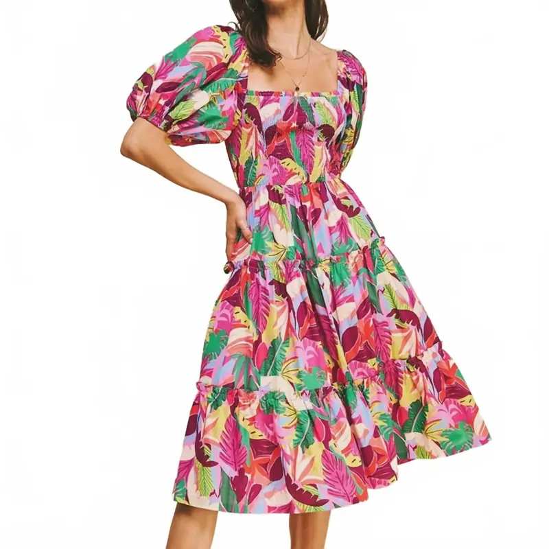 Square Neck Midi Dress In Pink Multi 1