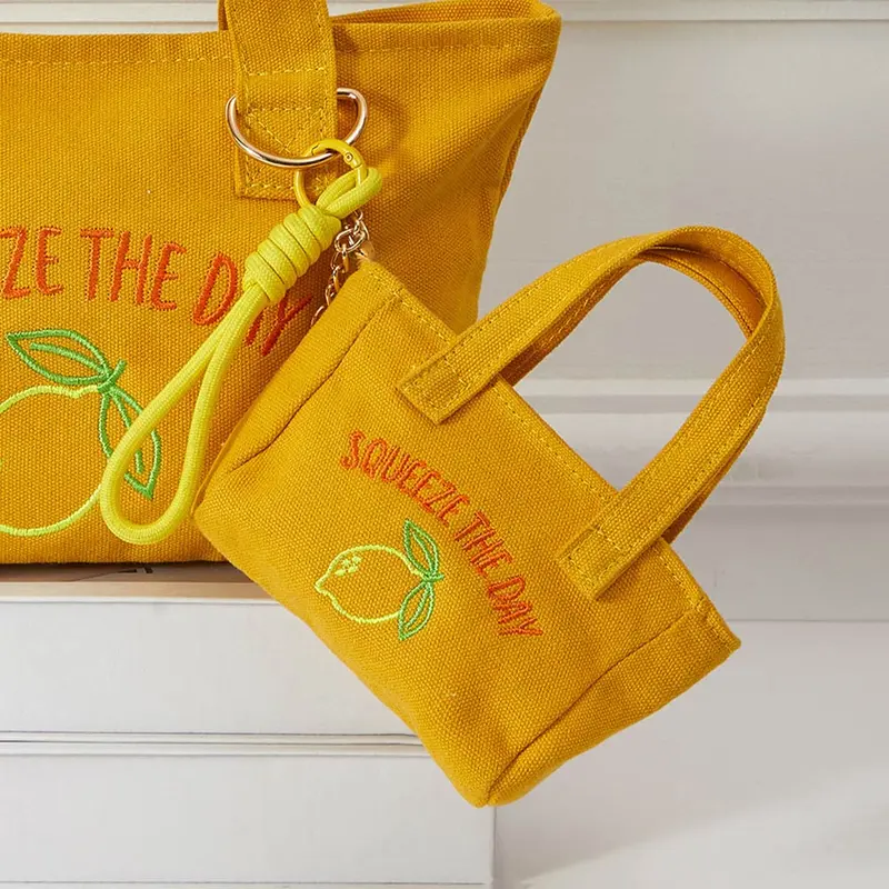 Squeeze Day Lemon Embroidered Mini Canvas Tote Bag Keychain Bag Charm 1