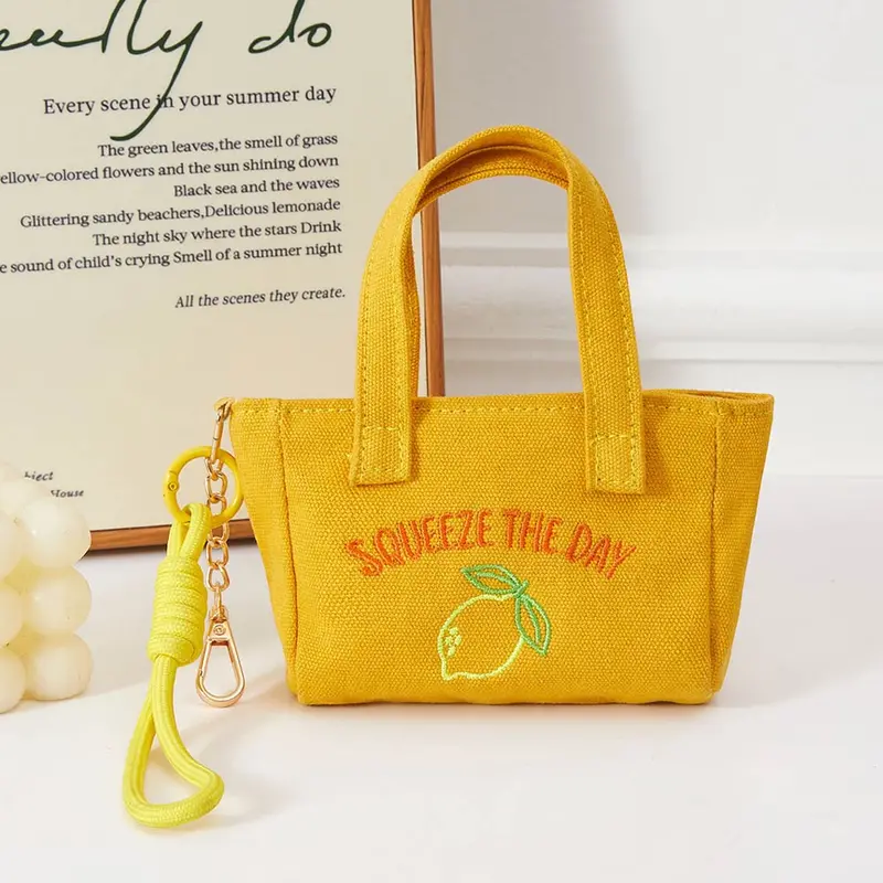 Squeeze Day Lemon Embroidered Mini Canvas Tote Bag Keychain Bag Charm 2