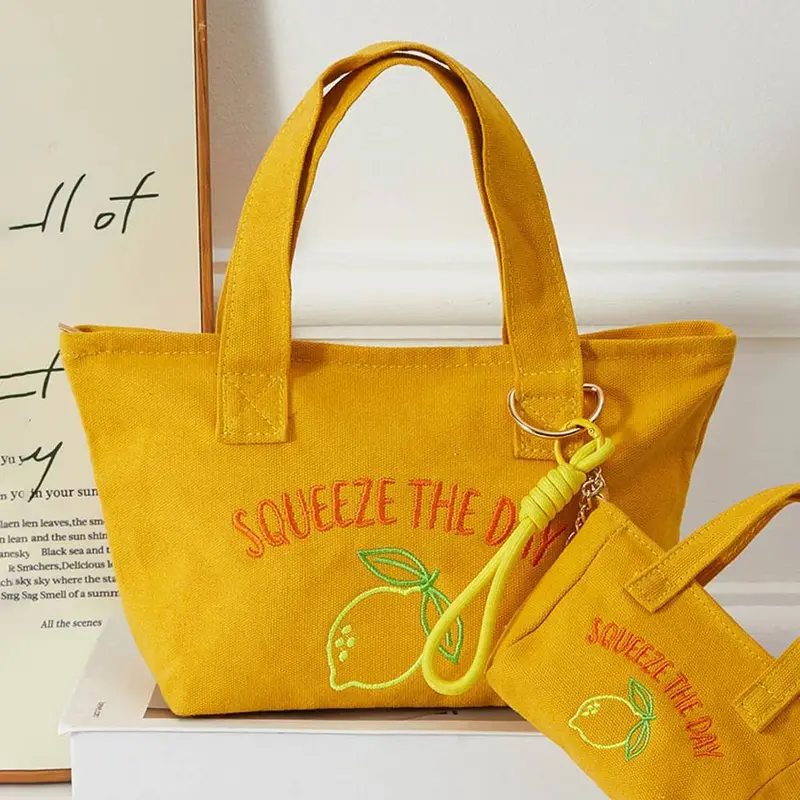 Squeeze Day Lemon Embroidered Small Canvas Tote Bag 1