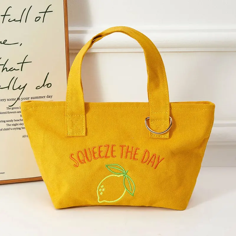 Squeeze Day Lemon Embroidered Small Canvas Tote Bag 2