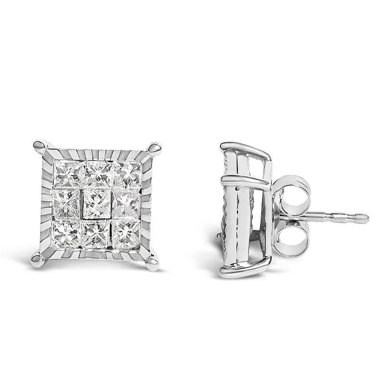 Sterling Silver 1.0 Cttw Princess Diamond Composite Square Stud Earrings 1