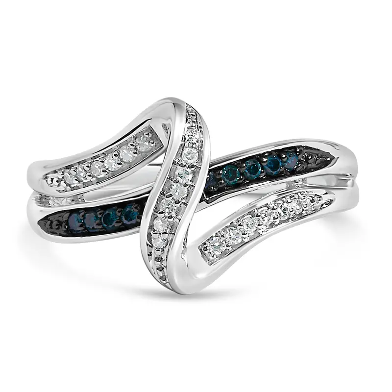 Sterling Silver 1/10 Cttw Blue And White Diamond Crossover Ring 1