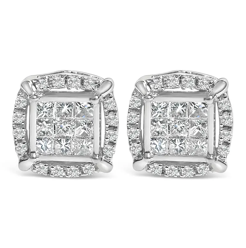 Sterling Silver 1/2 Cttw Princess Cut Diamond Composite And Halo Stud Earrings 1
