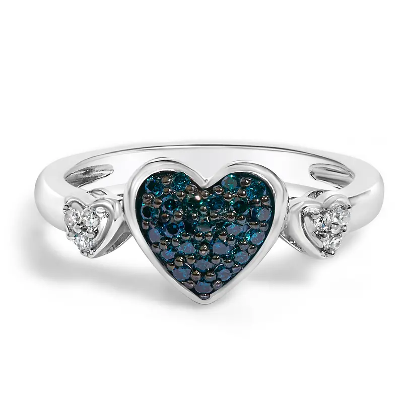 Sterling Silver 1/5 Cttw Blue And White Diamond Triple Heart Ring 1