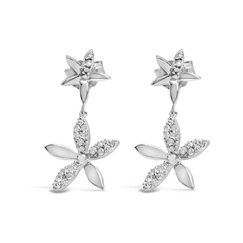 Sterling Silver 1/5 Cttw Diamond Double Star Dangle Earrings 1