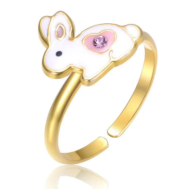 Sterling Silver 14K Gold Plated White & Pink Bunny Rabbit Adjustable Ring For Kids 1