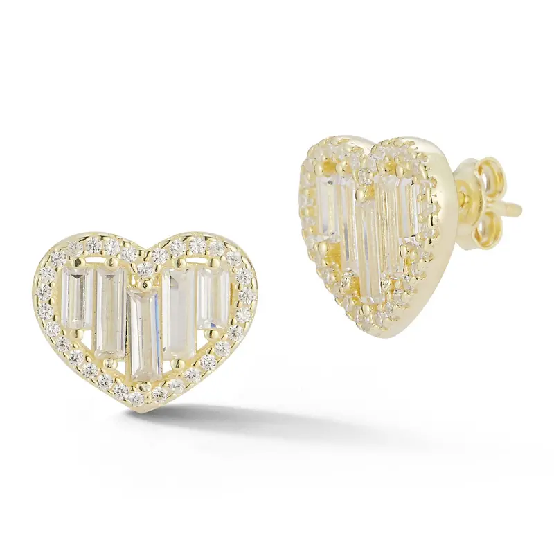 Sterling Silver Baguette Heart Studs 1
