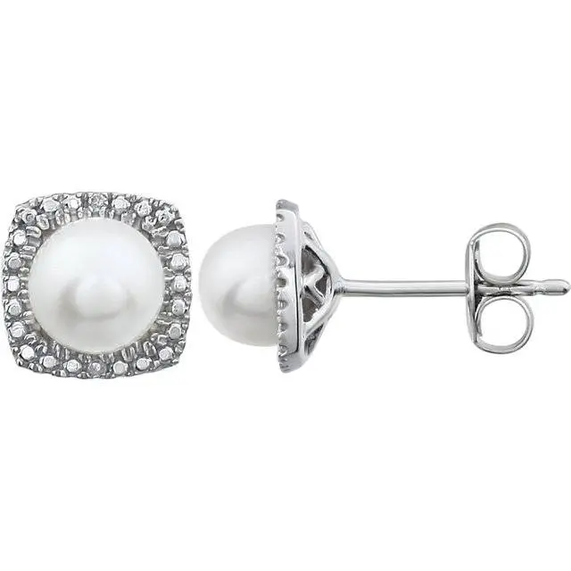 Sterling Silver Freshwater Cultured Pearl & .015 Ctw Diamond Earrings Size: 7 1