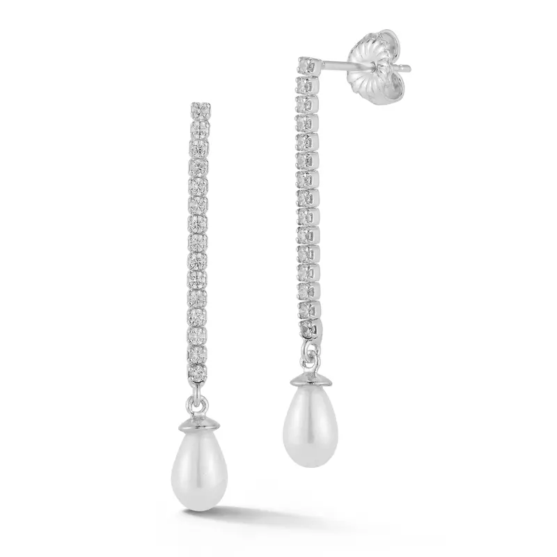 Sterling Silver Pearl Tennis Drop Earrings 1