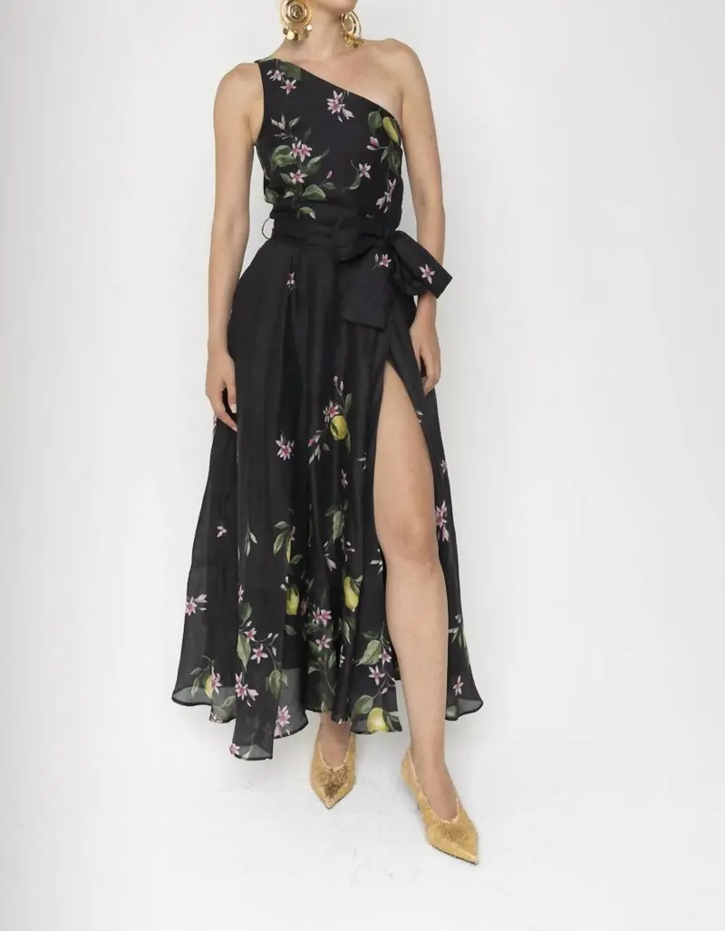 Sterlizia One Shoulder Dress In Black Citrus Floral 1