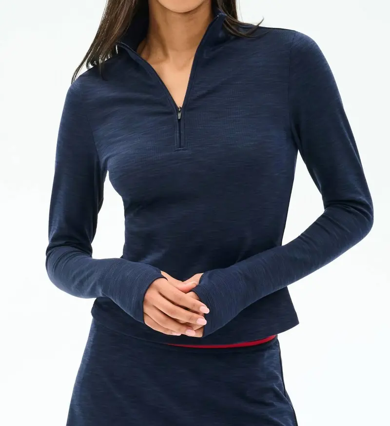 Stevie Active Rib Half Zip Waist Length Top In Heather Indigo 1
