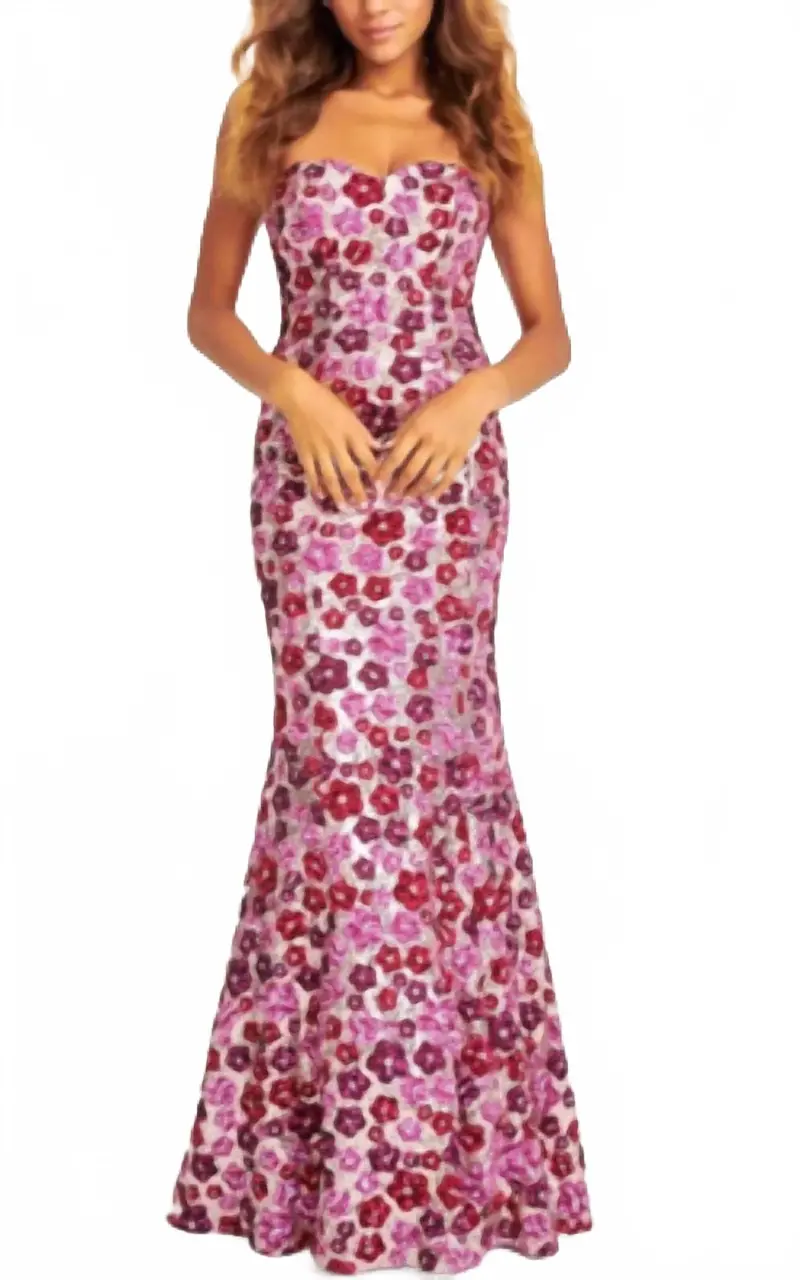 Strapless Sequin Mermaid Dress With Colorful Floral Design In Pink 1