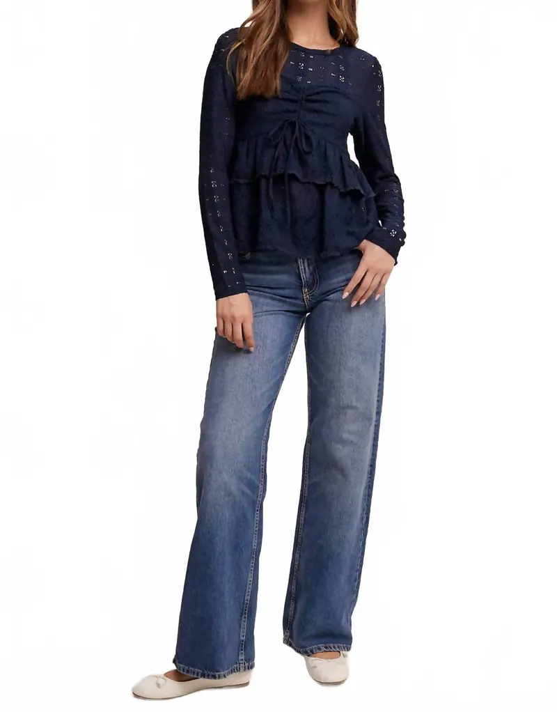 Stretch Lace Tiered Blouse With Drawstring Detail In Navy 1