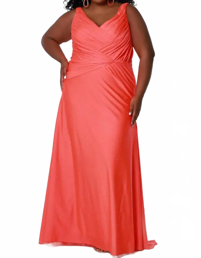 Stretch Lycra Ruched Gown In Fluorescent Orange 1